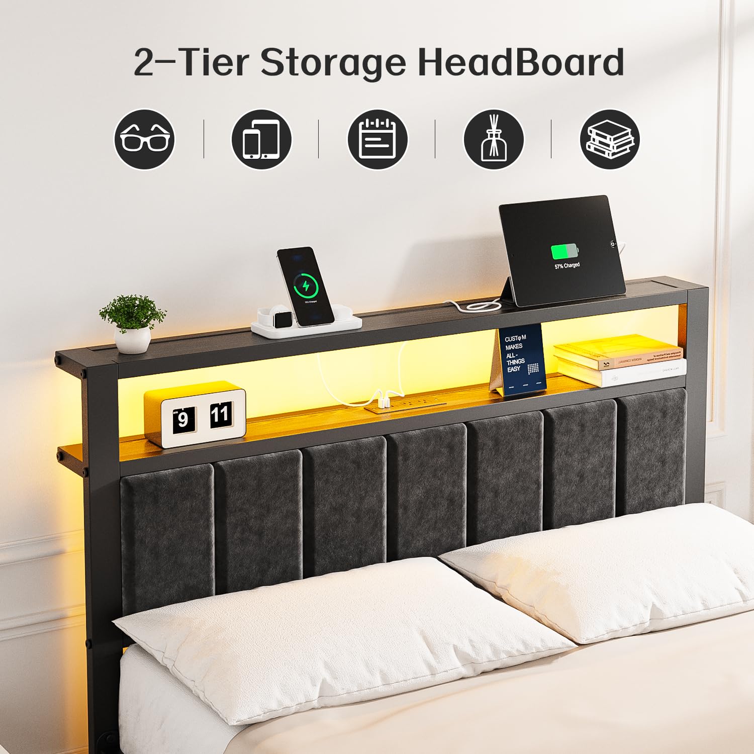OLEVS Full Size Bed Frame with LED Lights & Charging Station, Modern Platform Bed with Upholstered Storage Headboard, No Box Spring Needed Easy Assembly