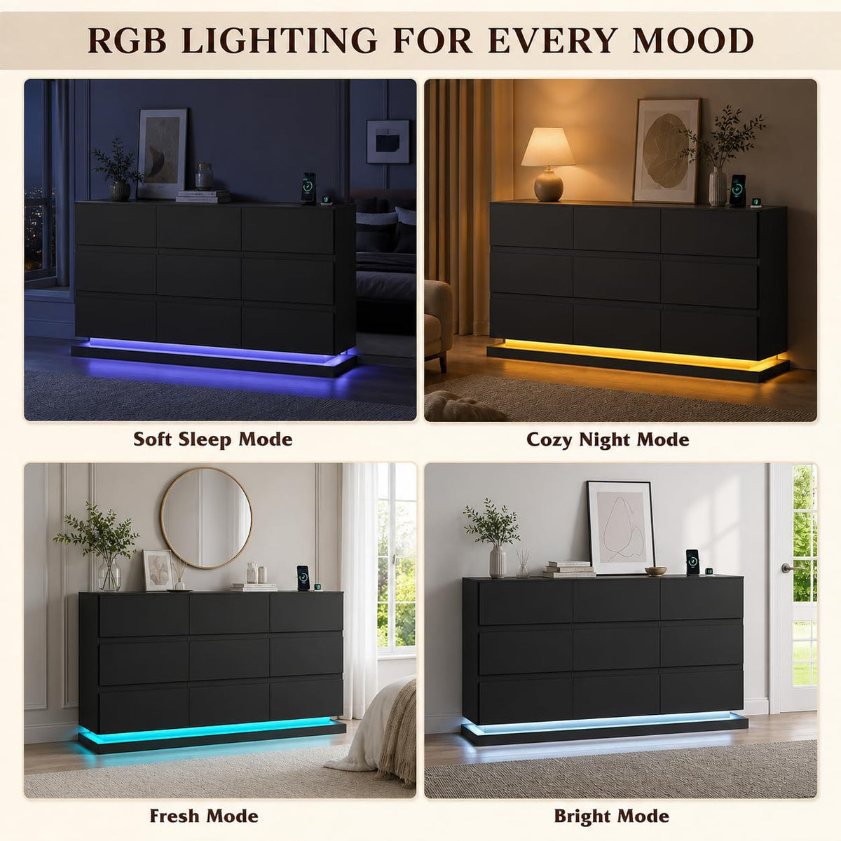 WLIVE 9 Drawer Dresser with LED Light, Dresser with Charging Station