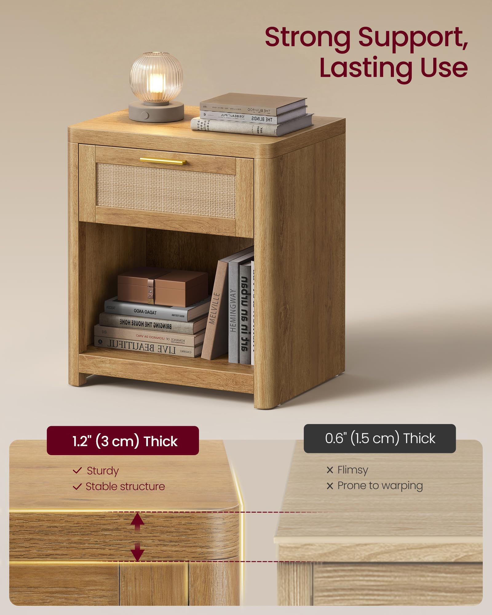 Boho Rattan-Look Nightstands with Drawer – Set of 2