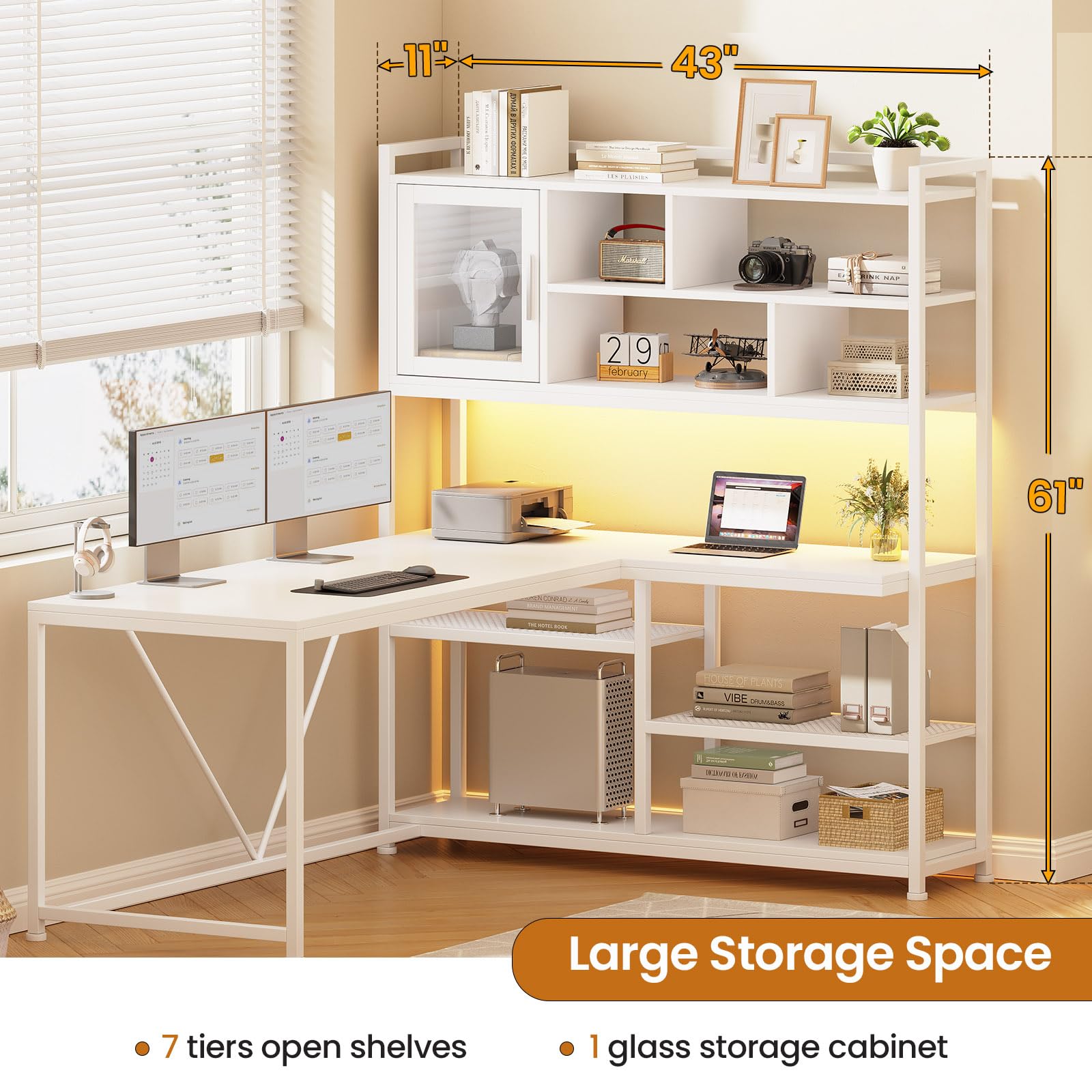 L-Shaped Desk with Bookshelf & LED Light Strips, 58"
