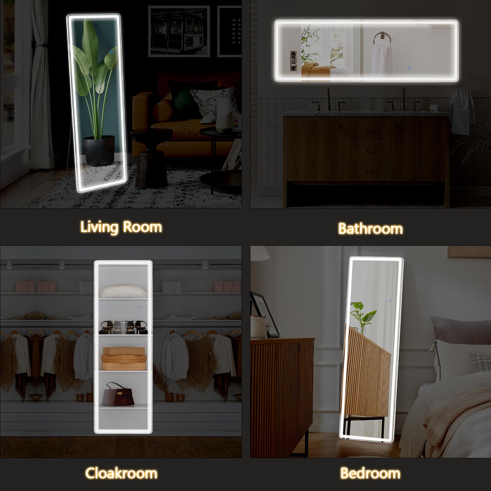 LED Full Length Floor Mirror with Dimming & 3-Color Lighting