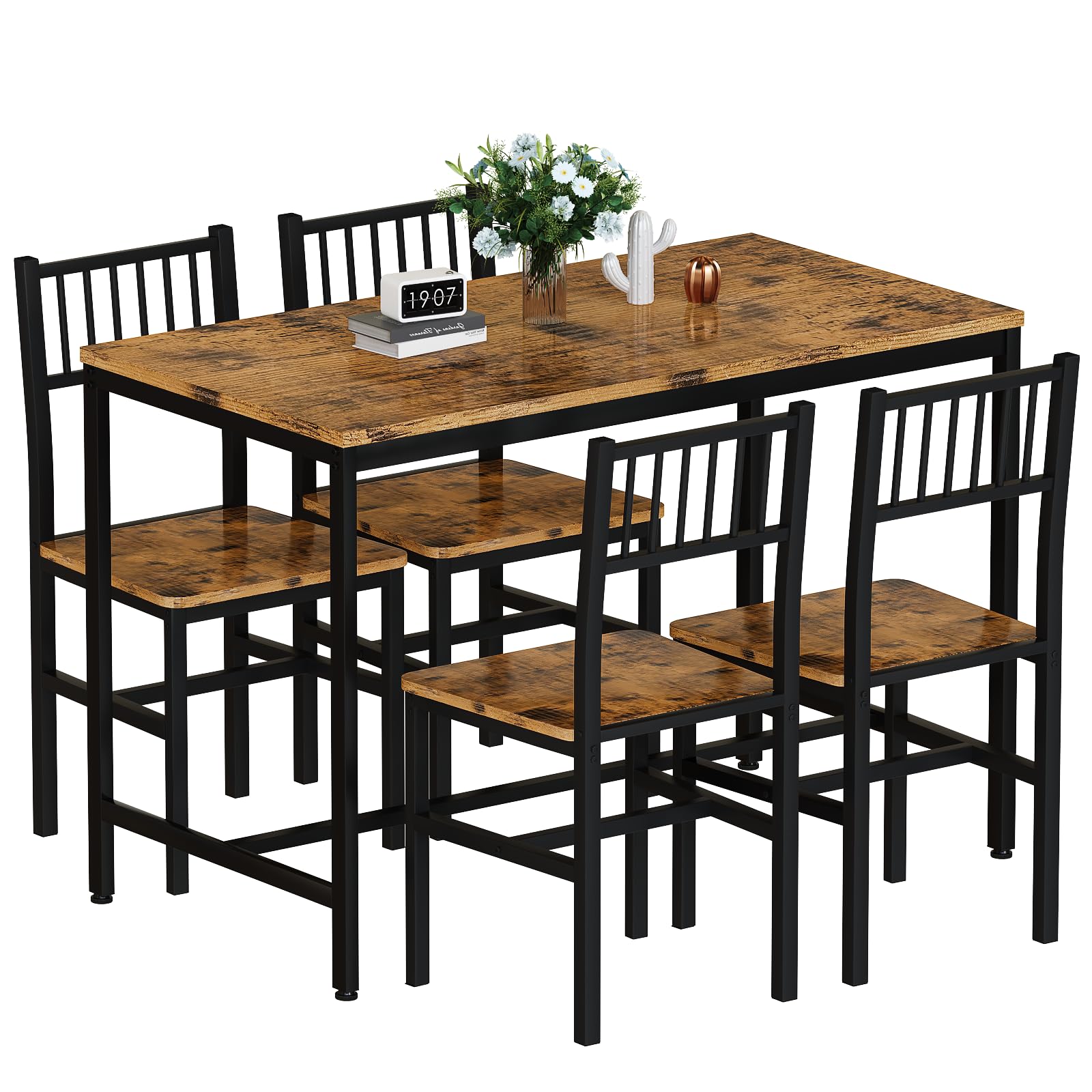 AWQM 5 Pieces Dining Table Set, Industrial Dining Table and Chairs for 4, Metal Frame with Wood Top, Kitchen Table Set for Dining Room, Breakfast Nook, Small Space, Rustic Brown