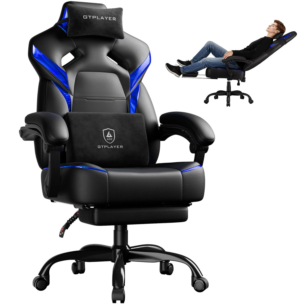 GTPLAYER Big and Tall Gaming Chair for Adults, Ergonomic Office Chair with Footrest, Heavy Duty 350 lbs Capacity, High Back, Premium Leather & Iridescent Trim, ACE-Armor, Black & Blue Trim