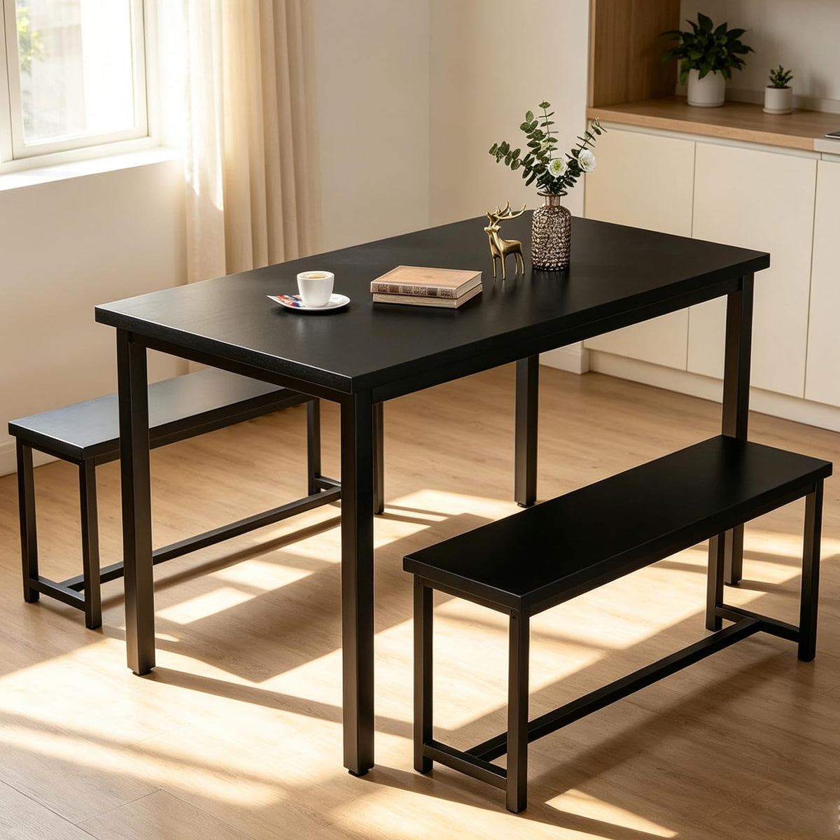 Recaceik 47" Black Dining Table Set for 4, 3-Piece Kitchen Set