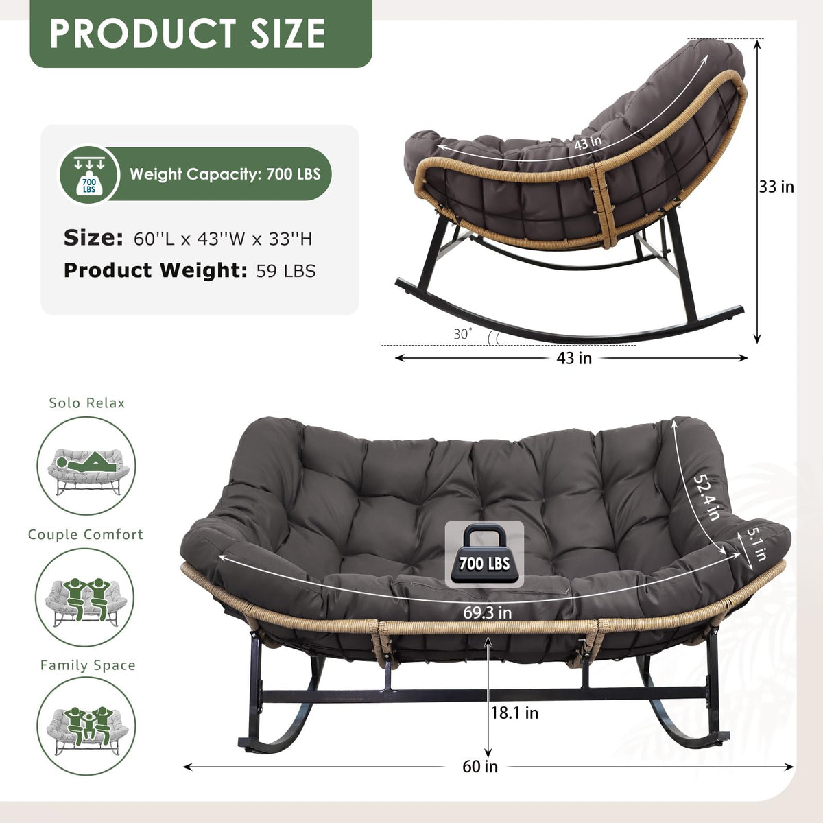RADIATA Double Rocking Chair Outdoor, Oversized 2 Person Lounge Chair