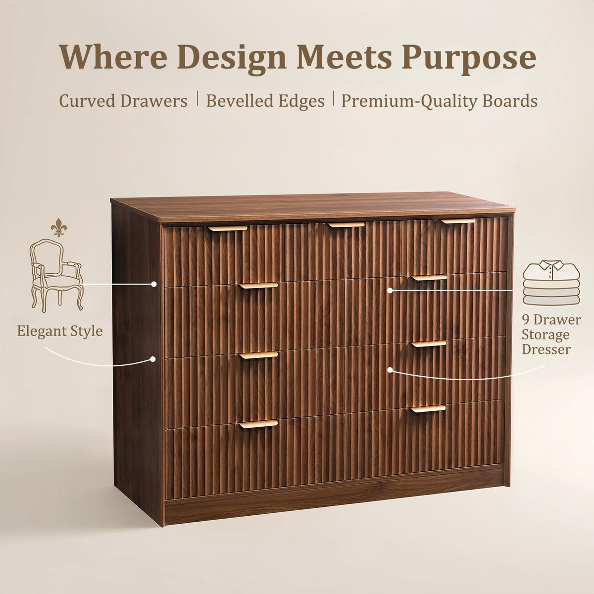 LYNCOHOME Fluted Tall Dresser for Bedroom, 9 Drawer Chest of Drawers,Walnut