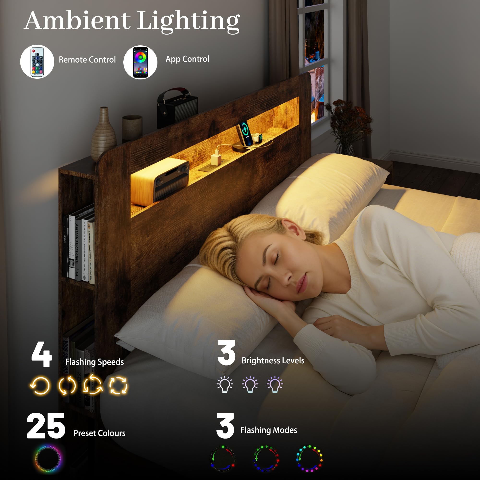 Wooden Platform Bed Frame with Storage Headboard, Charging Station & LED Lights