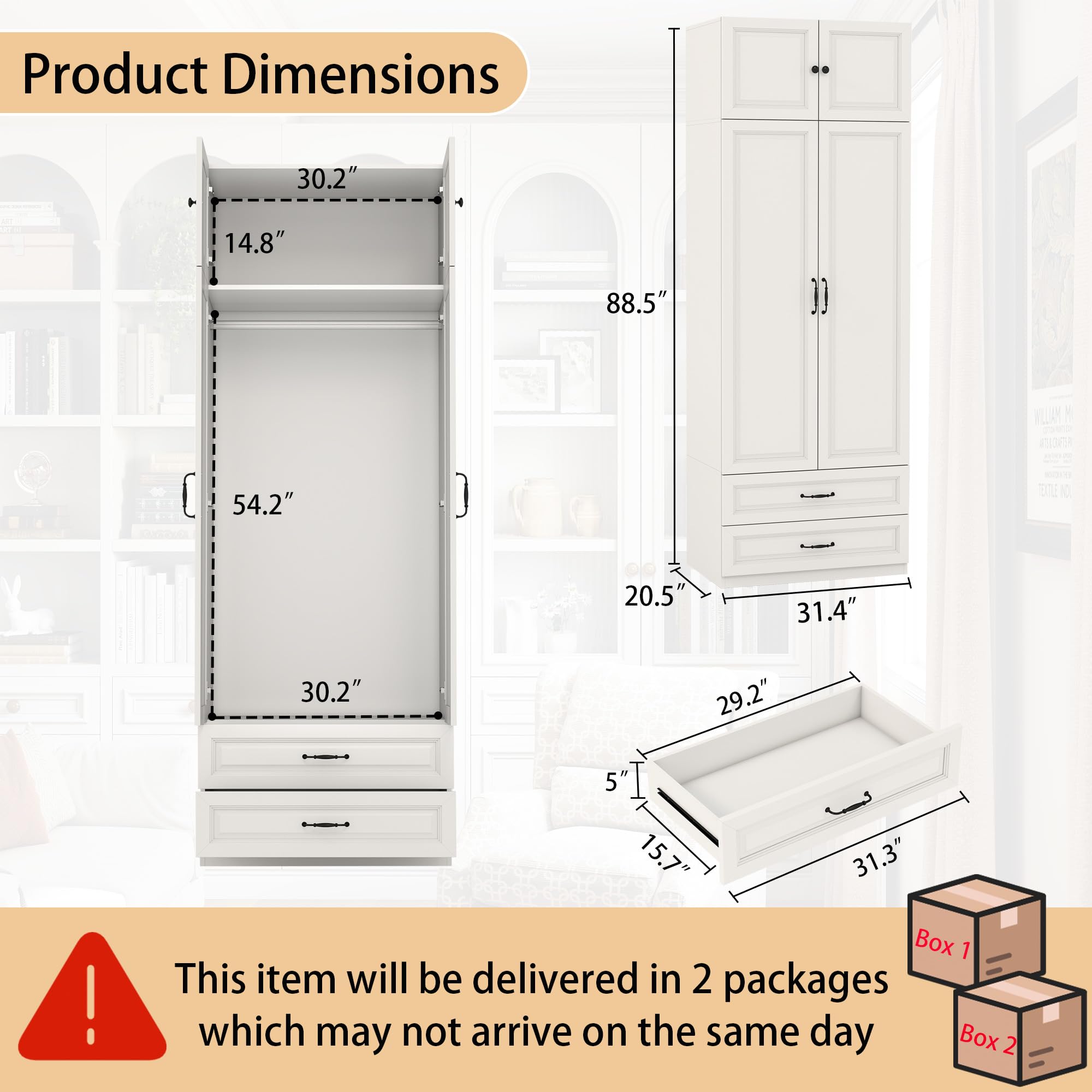 Vrmuxita Armoire Wardrobe Closet with Drawers: Bedroom Armoires with Hanging Rod, Wooden Closet Cabinet for Hanging Clothes, Tall Wardrobes Closets with Doors and Shelves (White, 32")