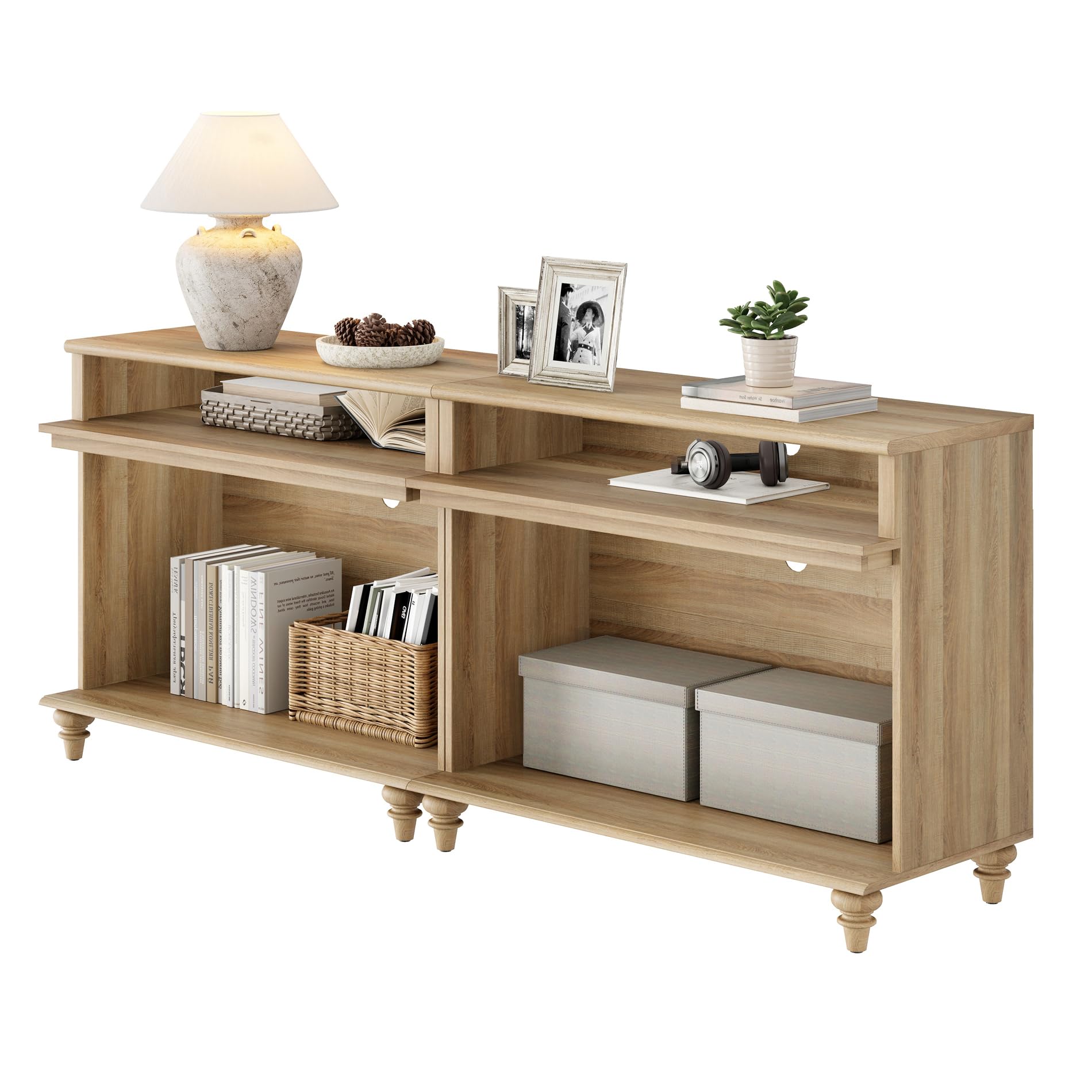 WAMPAT Set of 2 Farmhouse Large End Table, Tall Side Table with 2 Storages for Living Room, Oak