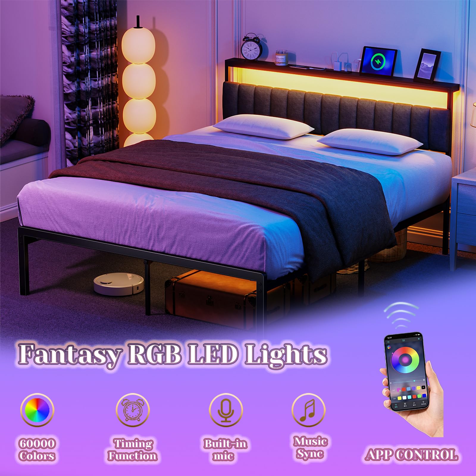 Woanke Queen Bed Frame no Box Spring Needed, Bed Queen Size with Headboard & Led Lights & Charging Station, Queen Metal Bed Frame, Queen Bed Frames Noise-Free/Assembly Easily, Black Bed Frame Queen