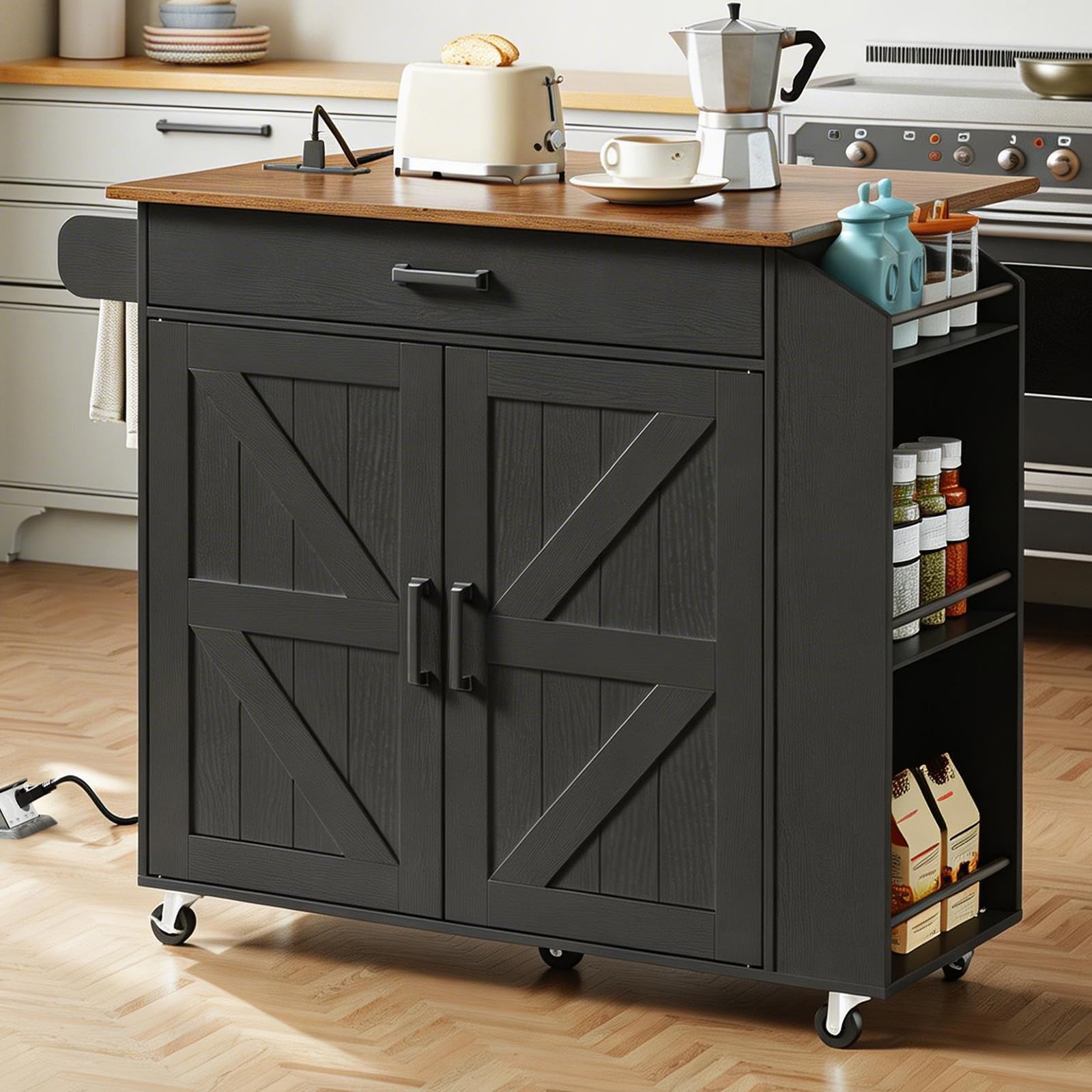 Rolling Kitchen Island with Drop Leaf & Power Outlet