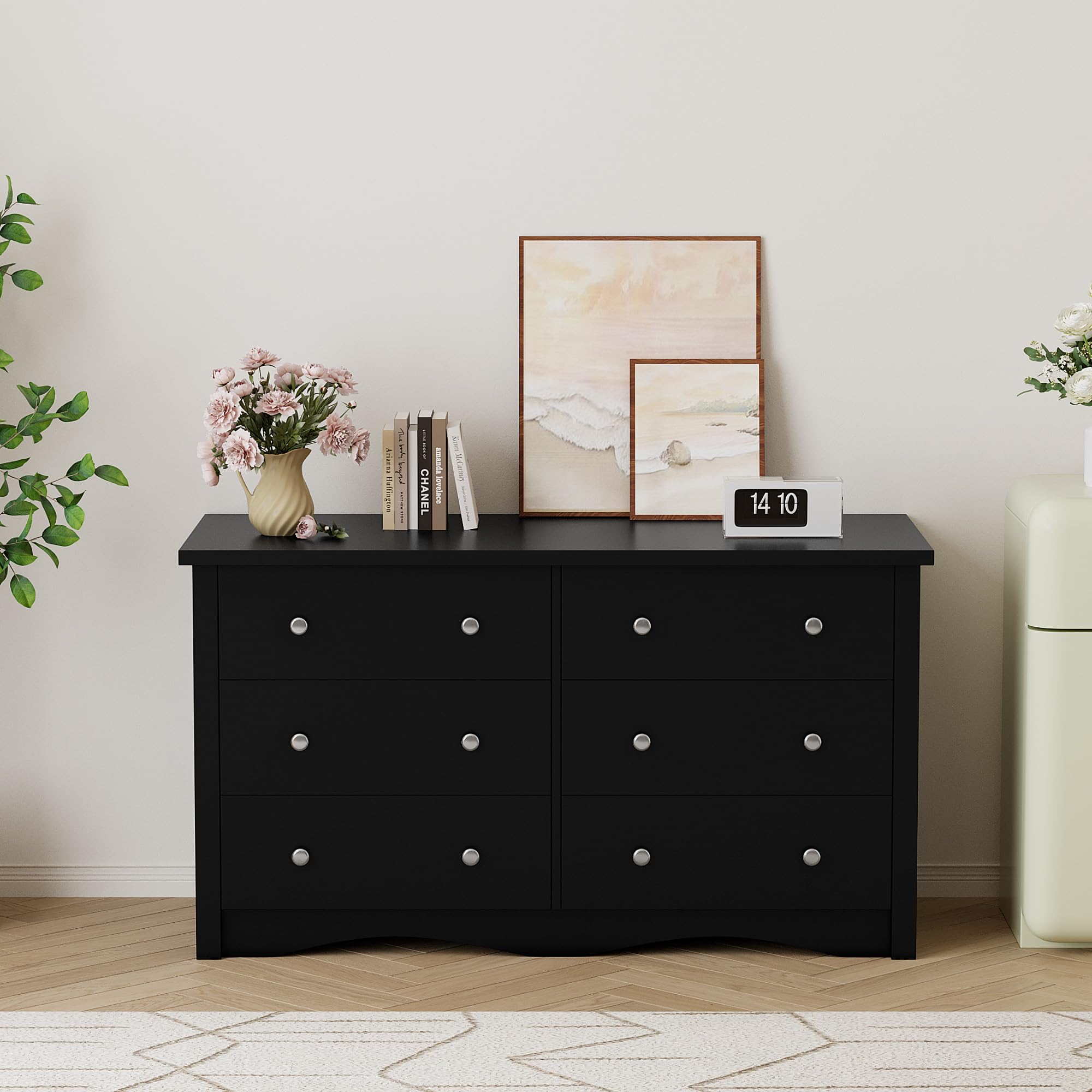 Shahoo Black Dresser for Bedroom with 6 Drawers, 47.2" Wide Chest Storage Organizer and TV Stand for Living Room, Closet, Hallway, Dormitory