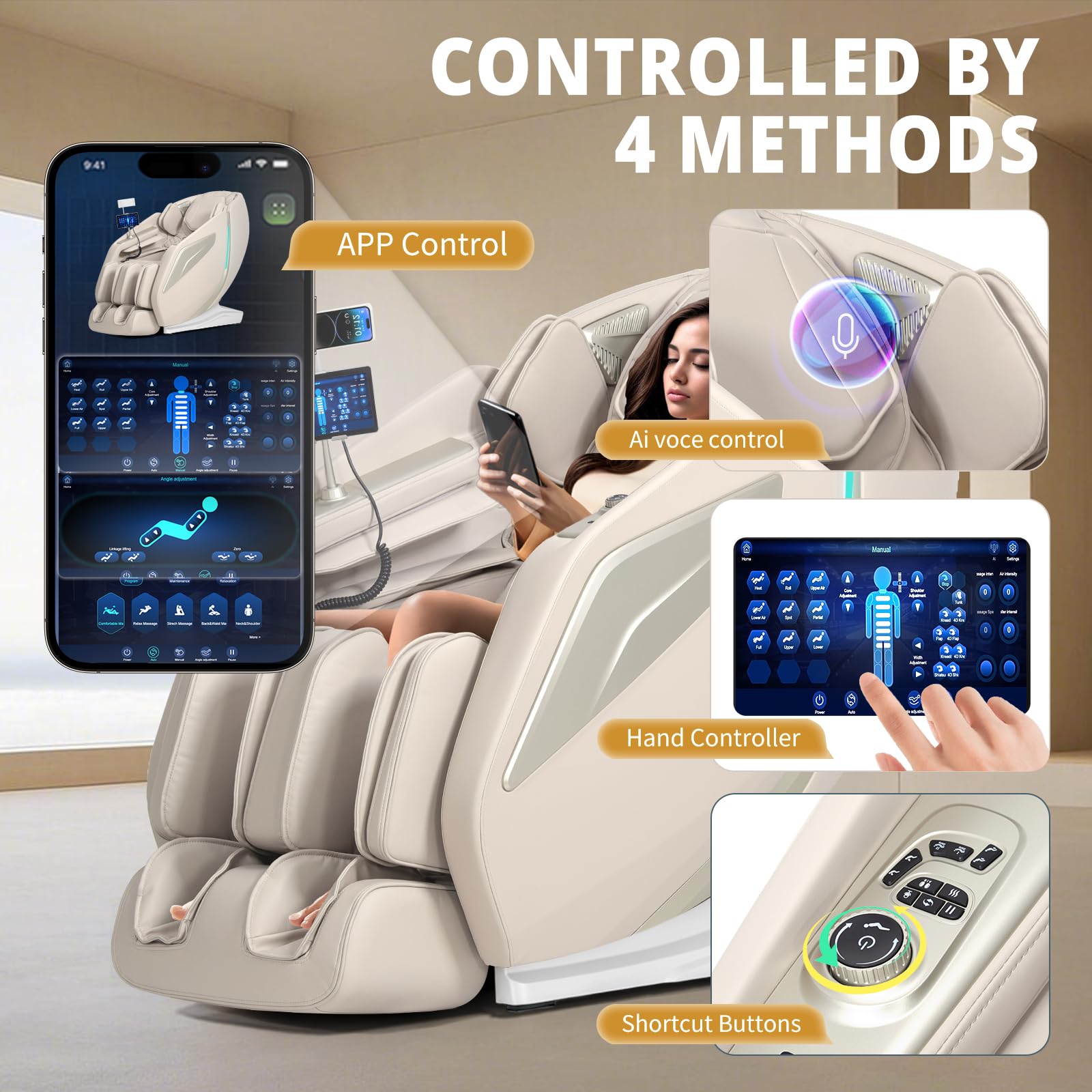 HealthRelife 4D Massage Chair Full Body Zero Gravity Recliner - 55“ SL-Track,15 Auto Modes,11 Massage Technique,40 Airbags Massage,with Yoga Stretch,APP Control,Shiatsu Foot Massage(Beige)