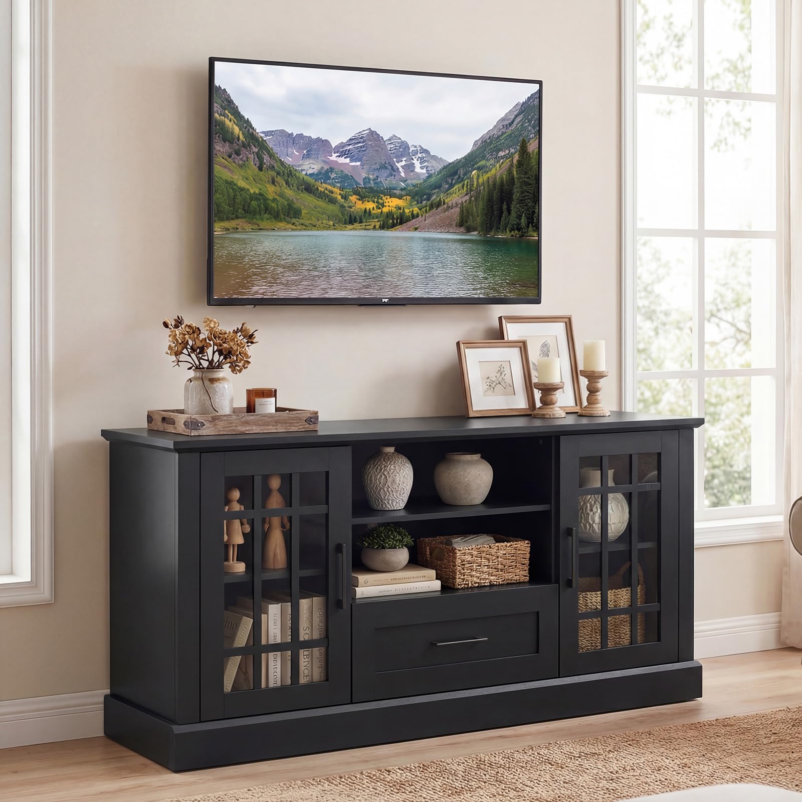 Farmhouse TV Stand with Glass Cabinets & Drawer