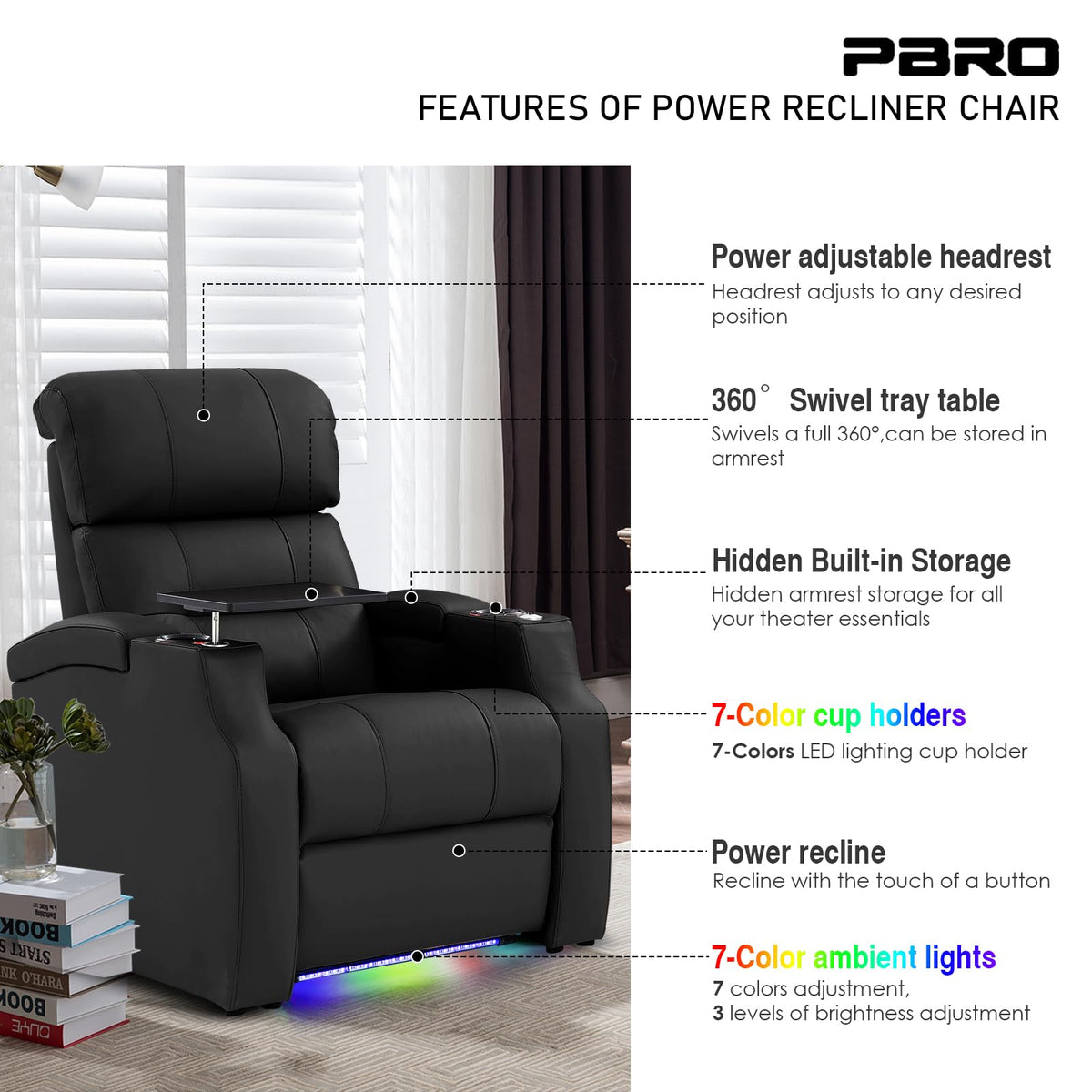 PBRO Home Theater Seating Top Grain Leather Theater Recliner Sofa Zero Gravity Movie Theater Reclining Chairs for Living Room with Power Headrest, USB Charge, Ambient Lighting Black, 1-Seat