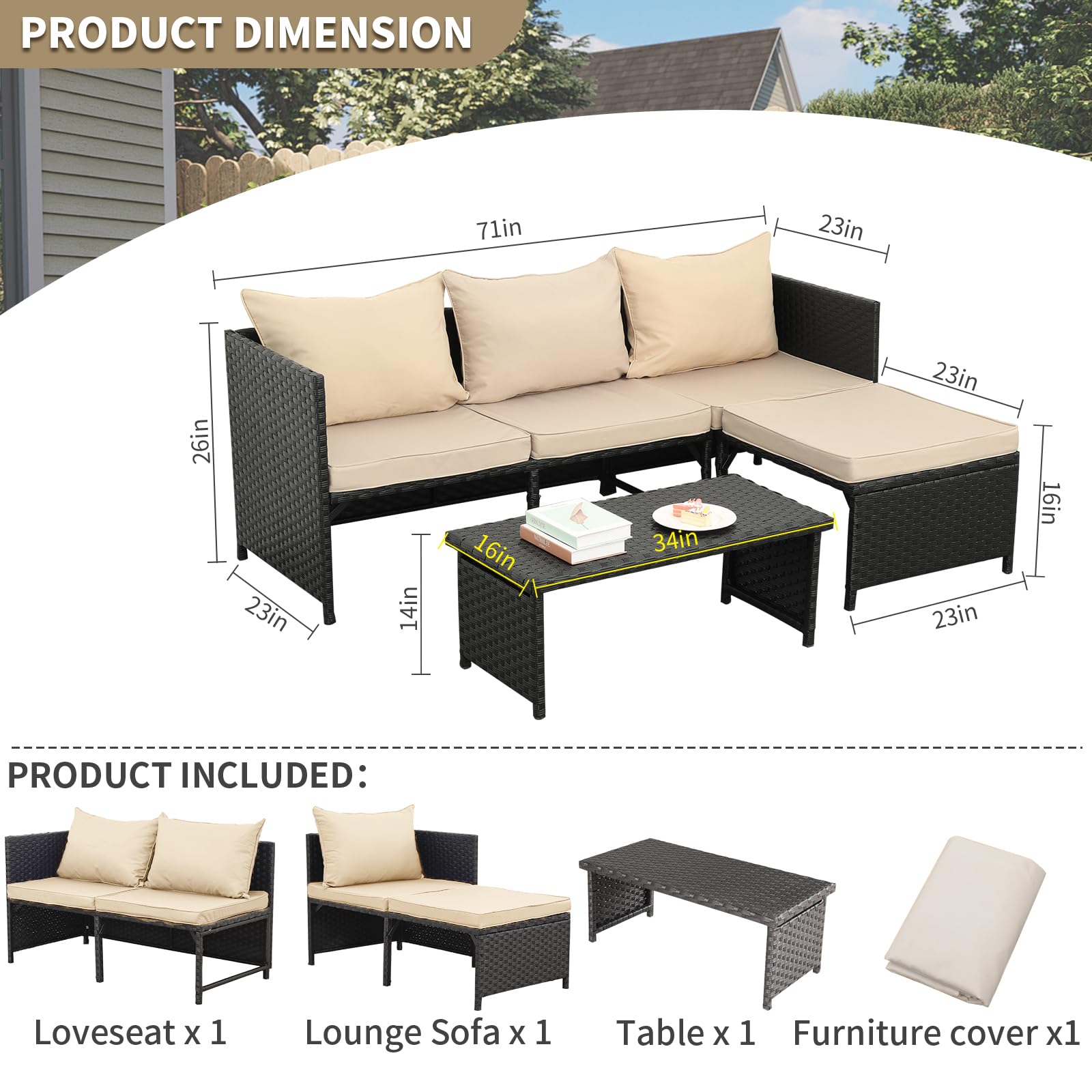3-Piece Outdoor Wicker Conversation Set with Cushions