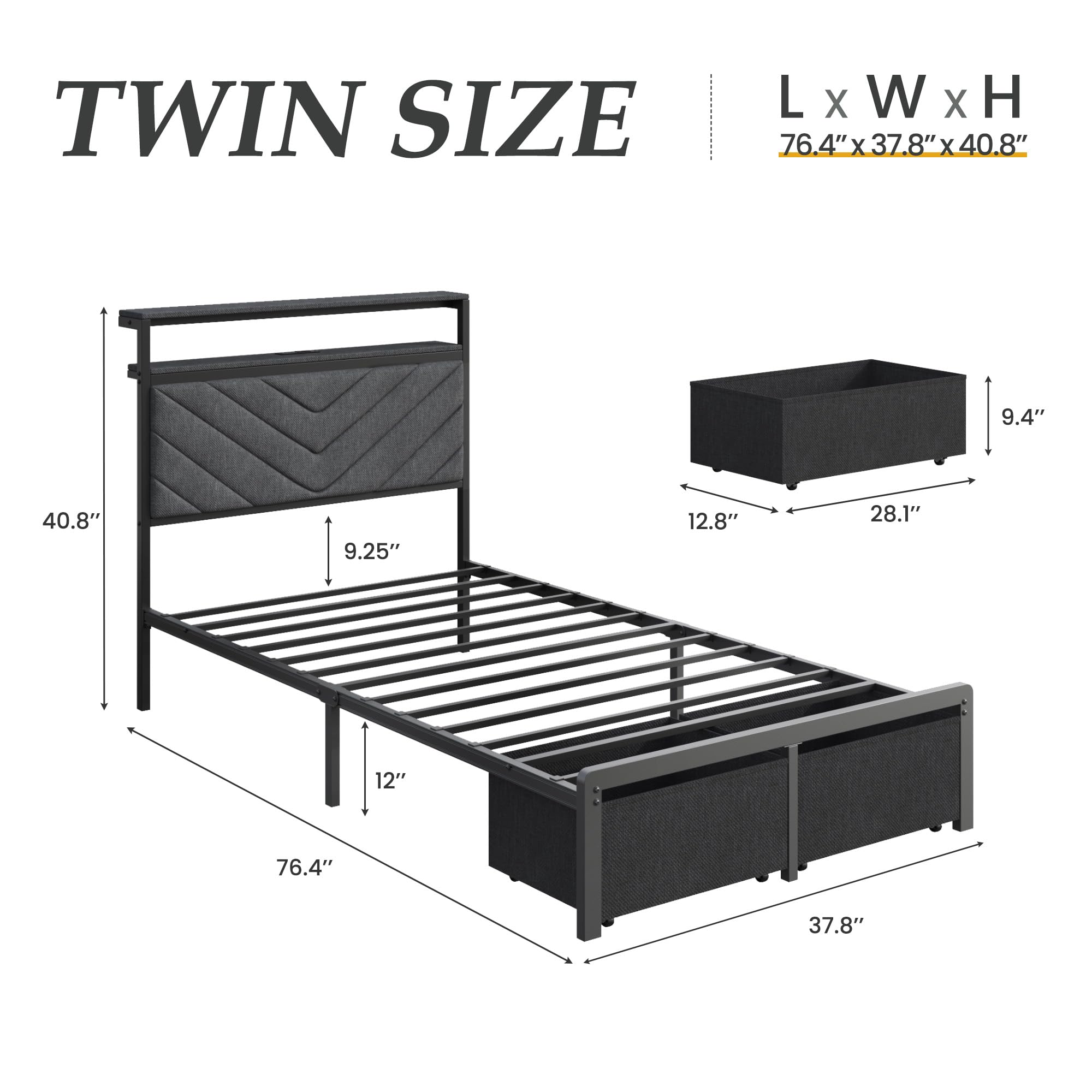 Upholstered Bed Frame with Storage Drawers, LED Lights & Charging Station