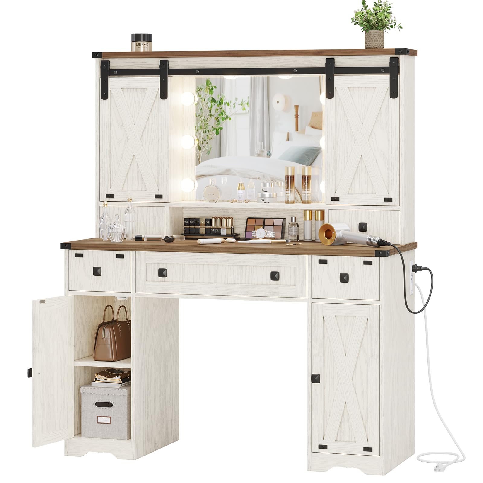 DICTAC Farmhouse Makeup Vanity Desk with Lighted Mirror & Power Strips, Vanity Table with Sliding Barn Door Hidden Shelves & 5 Drawers & 2 Cabinets, White Dressing Table for Bedroom, Lights Adjustable