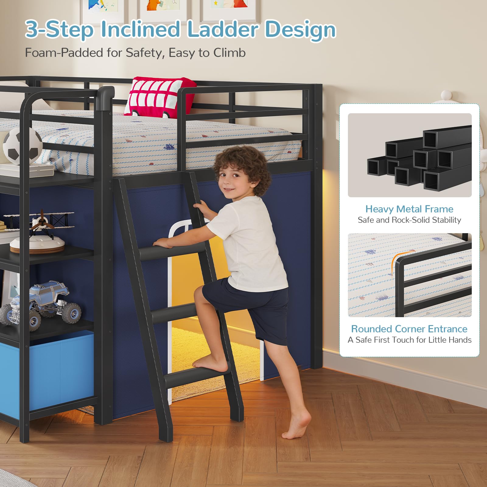Kids Twin Low Loft Bed with Desk, Storage & LED Play Tent