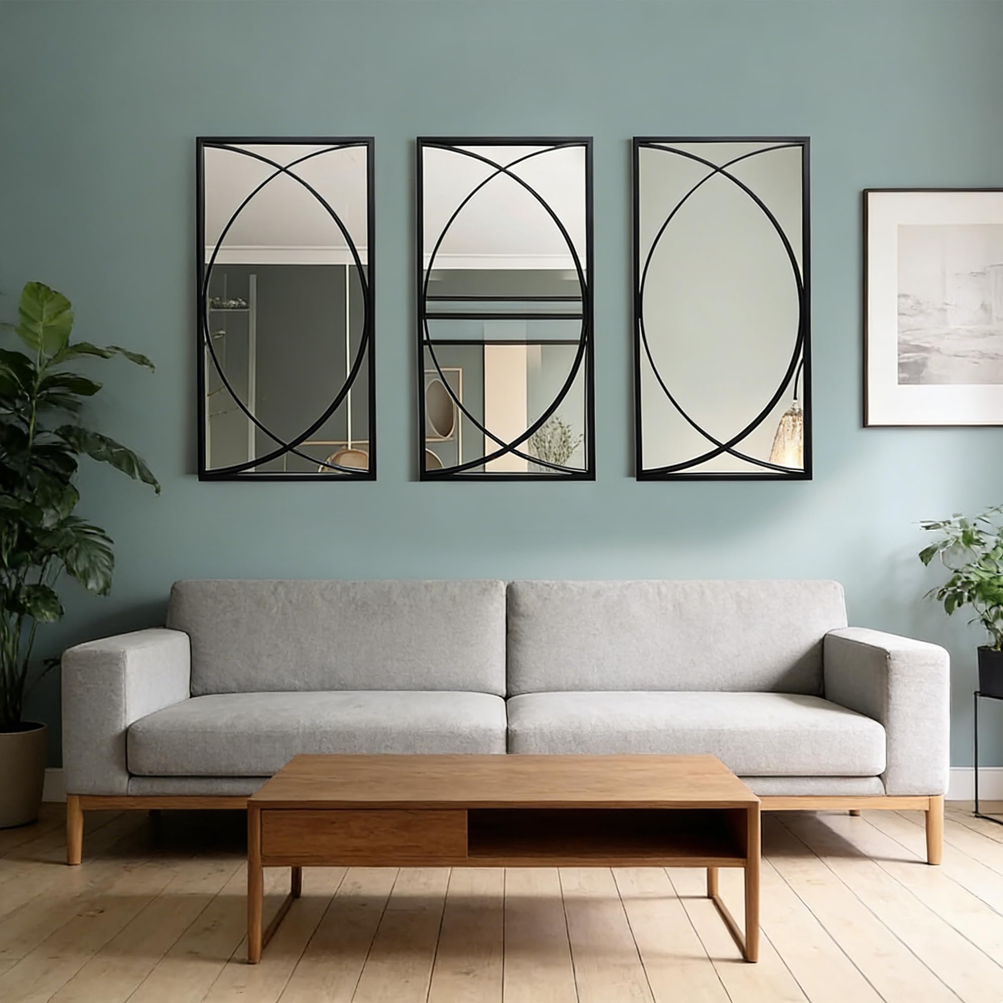 3-Piece Rectangular Black Wall Mirror Set with Metal Frame