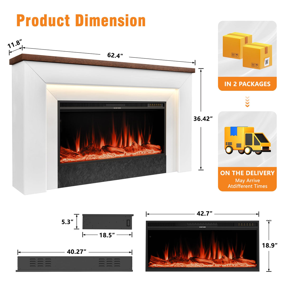Weyderk 62" Electric Fireplace with Mantel, TV Stand with 42" Insert, 15 LED Colors & 15 Realistic 3D Flame Effects, Remote Control, 1-8h Timer, 62–84℉ Adjustable Thermostat, White