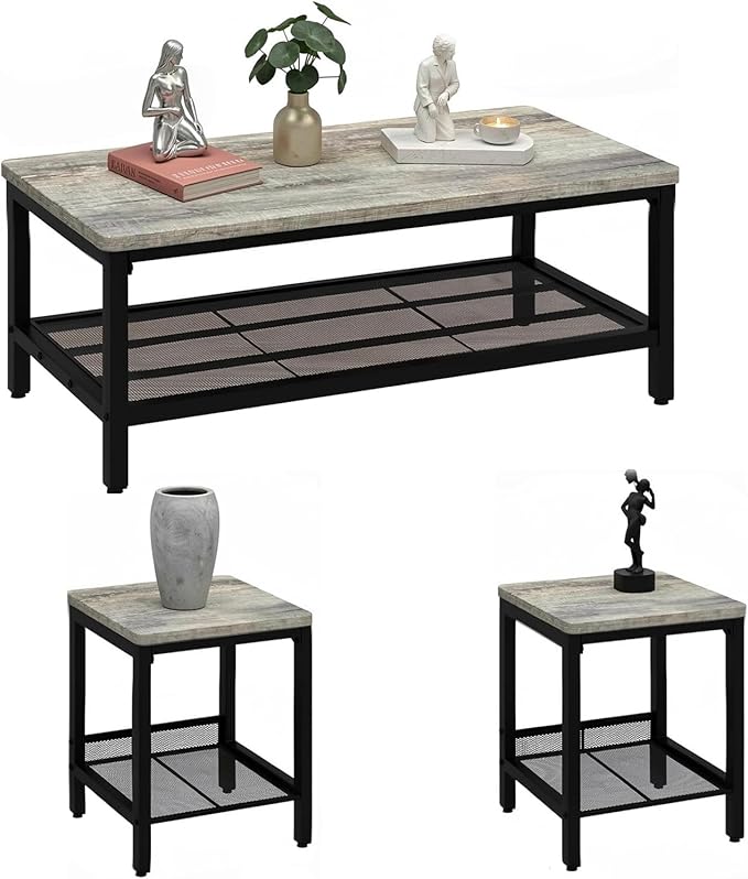 3-Piece Industrial Coffee Table Set with End Tables