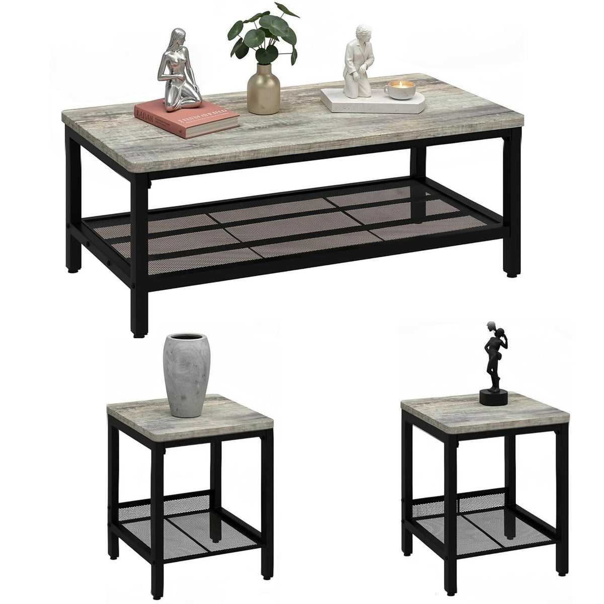 OFFWIN Coffee Table Set of 3,Industrial Coffee Table and 2 End Side Tables,Easy Assembly Coffee and End Tables Sets with Metal Legs, for Office, Living Room and Apartment (Grey)