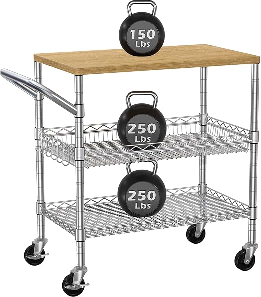 3-Tier Heavy Duty Rolling Utility Cart with Wire Shelving