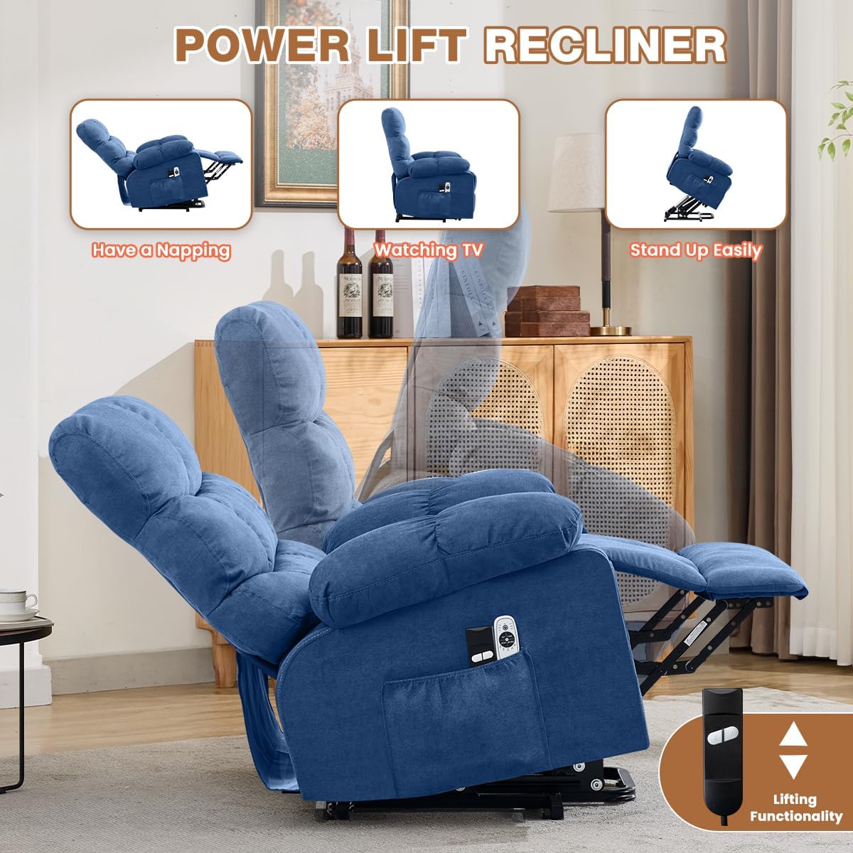 BOSMILLER Electric Power Lift Recliner Chair Sofa with Massage and Heat for Elderly,Lift Chair with Cup Holders Side Pockets for Living Room