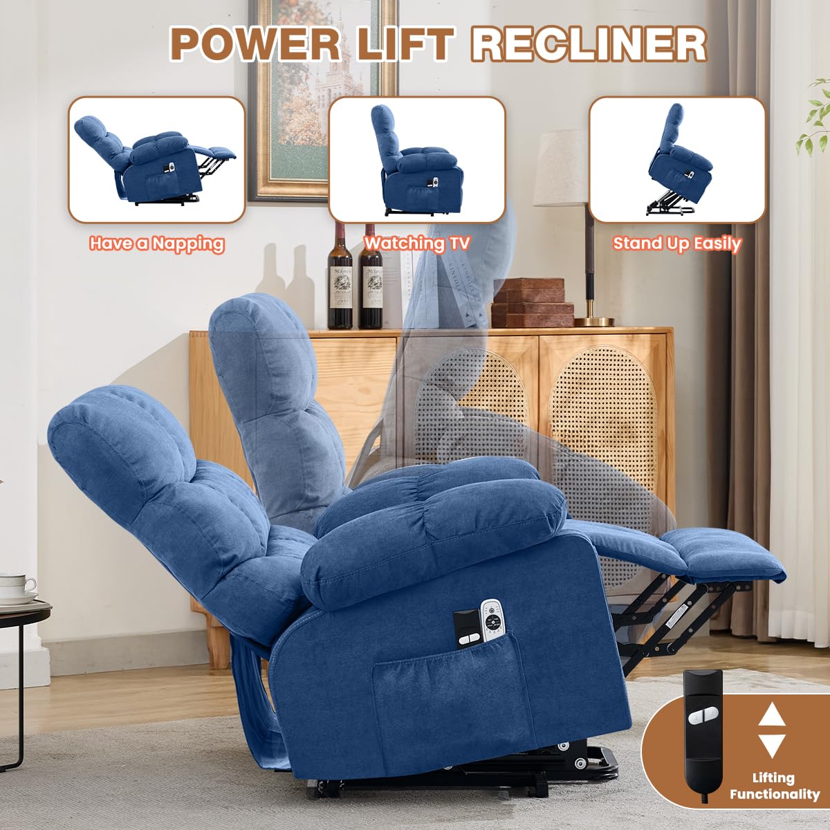 BOSMILLER Electric Power Lift Recliner Chair Sofa with Massage and Heat for Elderly,Lift Chair with Cup Holders Side Pockets for Living Room