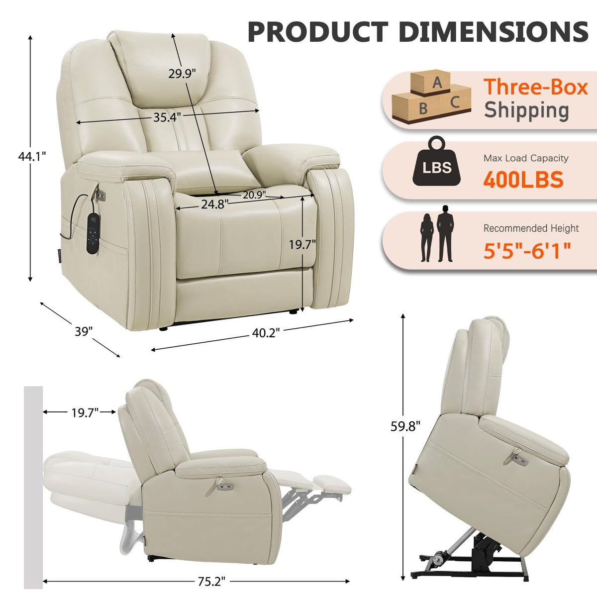Eonix Triple Motor Power Lift Recliner Chair Elderly, Heat & Massage, White