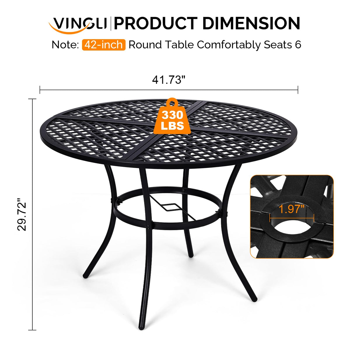 VINGLI 42" Round Outdoor Dining Table - Patio Metal Table with 1.97" Umbrella Hole, Iron Garden Table for Deck Porch Backyard, Black