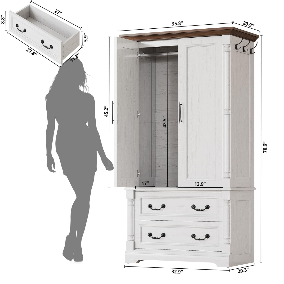 LIKIMIO Armoire Wardrobe Closet 70" with 2 Drawers for Bedroom, White