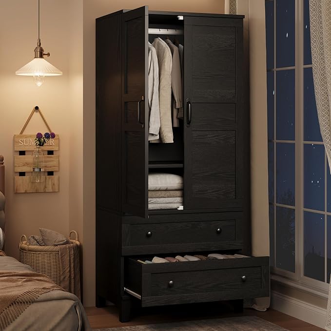 Armoire Wardrobe with 2 Drawers & Adjustable Shelves