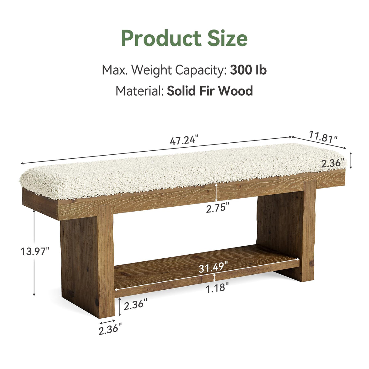 TRIBEWOOD 47.2-Inch Solid Wood Entryway Bench, 2-Tier Farmhouse Upholstered Bedroom Bench with Storage Shelf, Narrow Bench for Bedroom, Entryway, Mudroomn