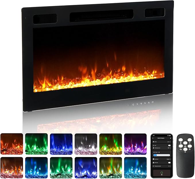 Wall Mounted & Recessed Electric Fireplace with Remote & App Control
