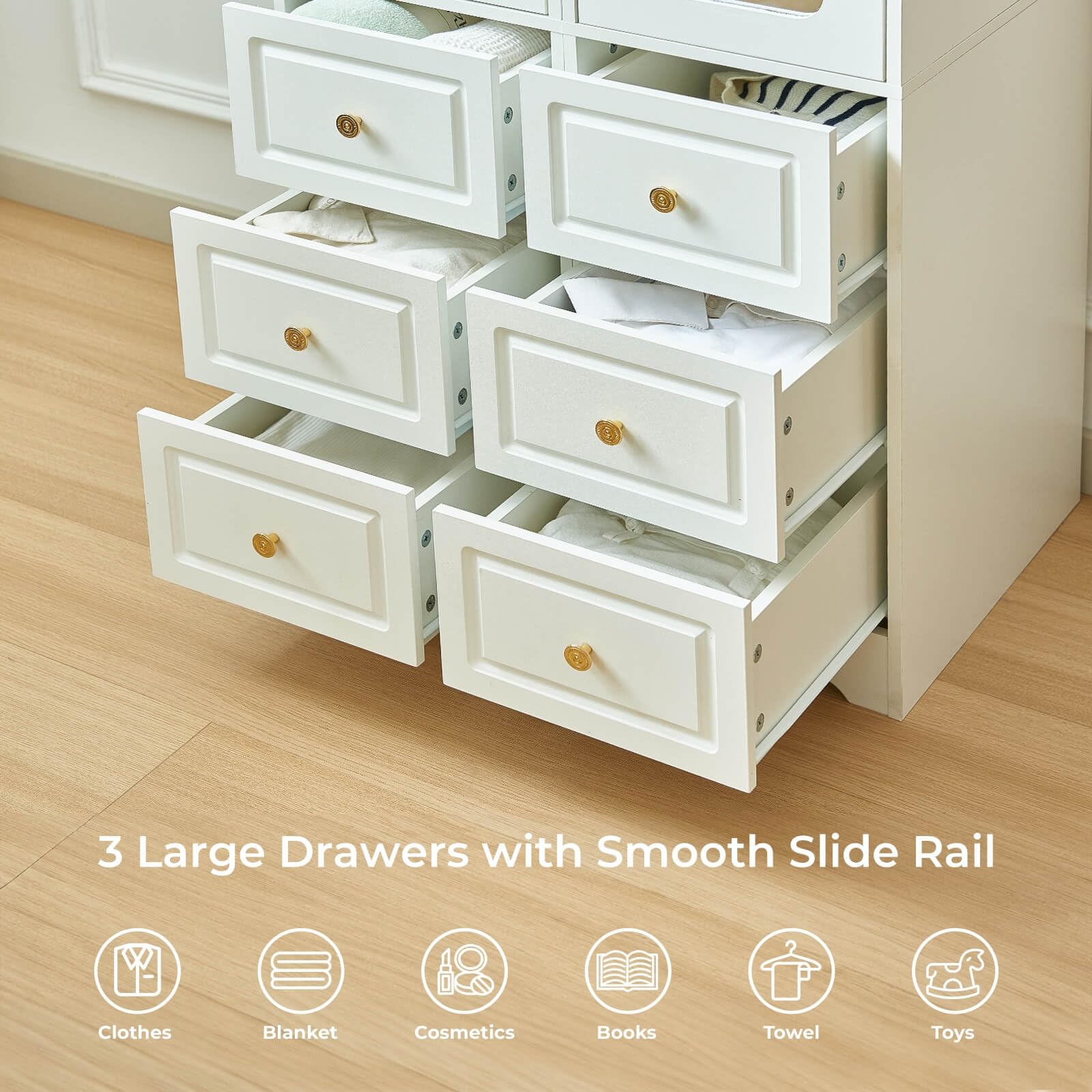 JanflyHome Armoire Wardrobe Closet, White Bedroom Armoires Cabinet with Mirror Door and 3 Drawers, 69.5" H Clothing Storage Cabinet with Hanging Rod & Sensor Light for Bedroom-Right