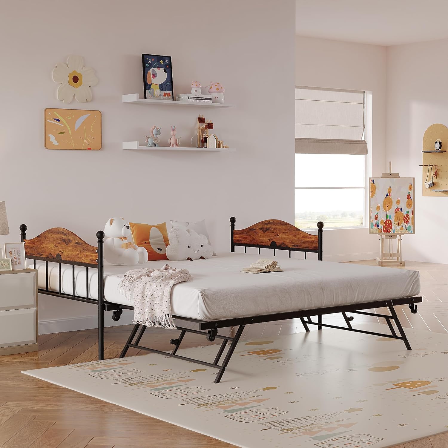 IDEALHOUSE Twin Metal Daybed with Pop-Up Trundle, Heavy Duty Steel Slats Platform Bed with Stylish Headboard, Convertible Sofa Bed Frame for Living Room, Bedroom, or Guest Room, Brown
