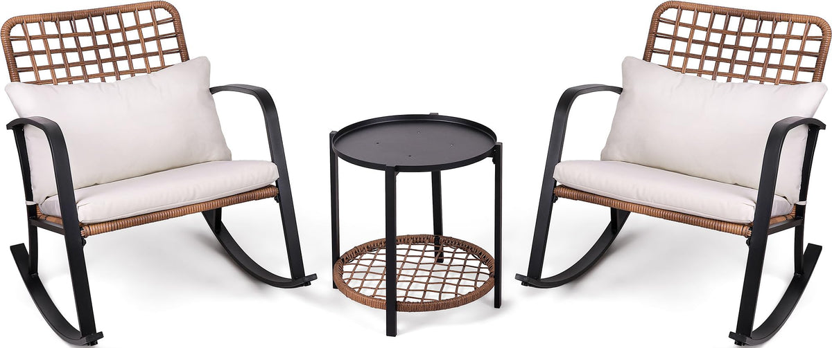 Mugovelo 3 Piece Patio Bistro Set with Cushion, 2 Rocking Chairs with Table