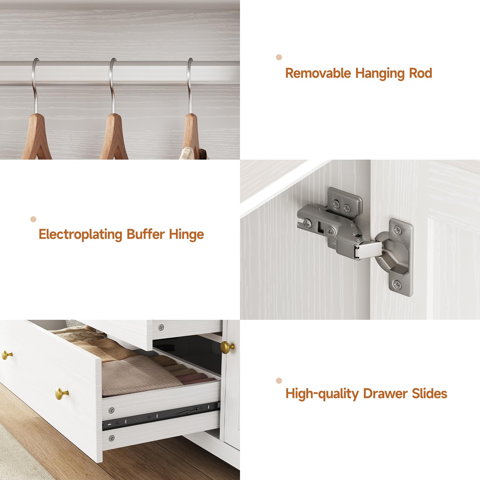 ONBRILL 3 Doors Wooden Wardrobe Closet Armoire with Pull Out Pants Rack, Bedroom Large Capacity Armoire with Drawers and Shelves, Storage Cabinet for Hanging Clothes, White