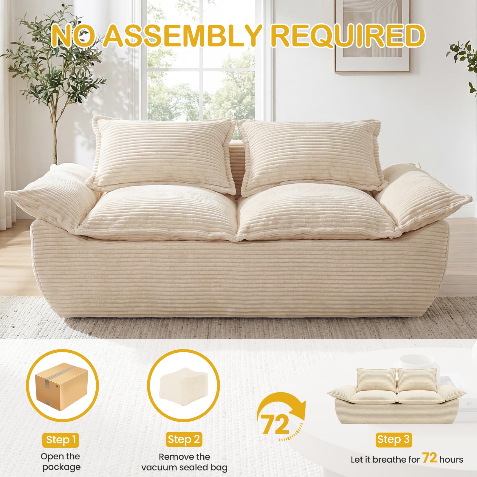 AOLVDOW Boneless Loveseat 56", 2-Seater Beige Boneless Sofa with Removable Cushions & 2 Pillows, Small Boneless Couch Compress Foam Sofa for Living Room, Apartments, & Office