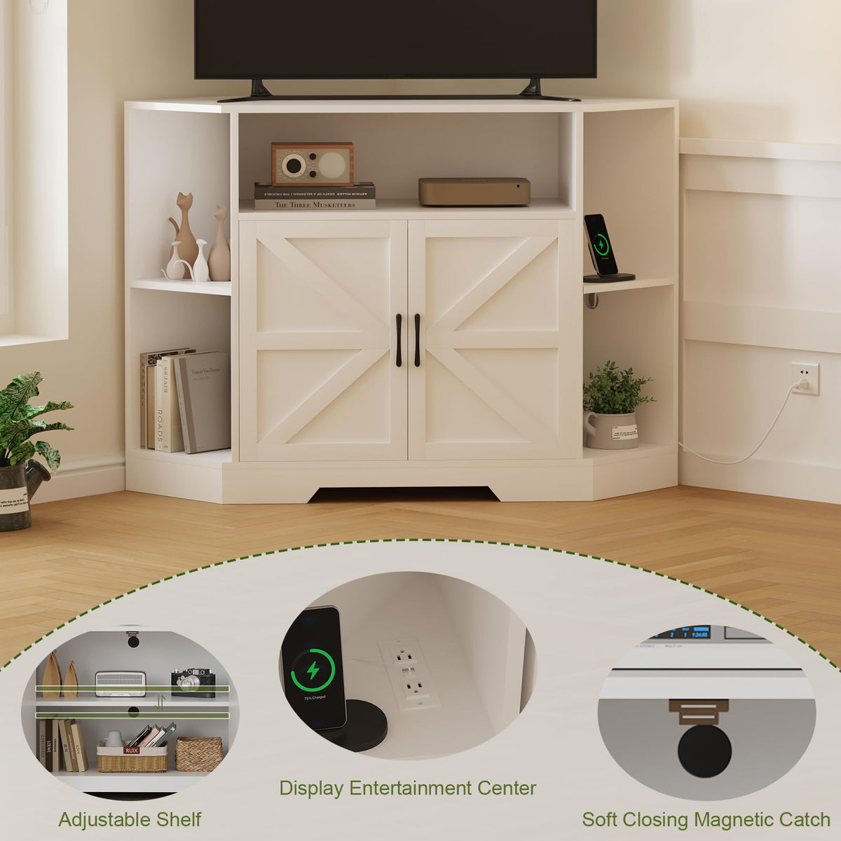 Garvee Corner TV Stand for TVs Up to 55 Inch with Power Outlet & Barn Doors