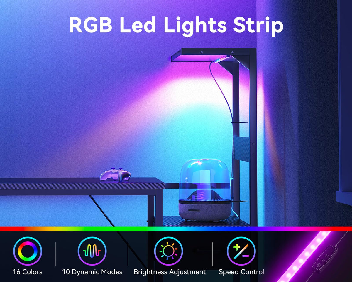 Casaottima 48'' Gaming Desk with LED Lights & CPU Stand, Black