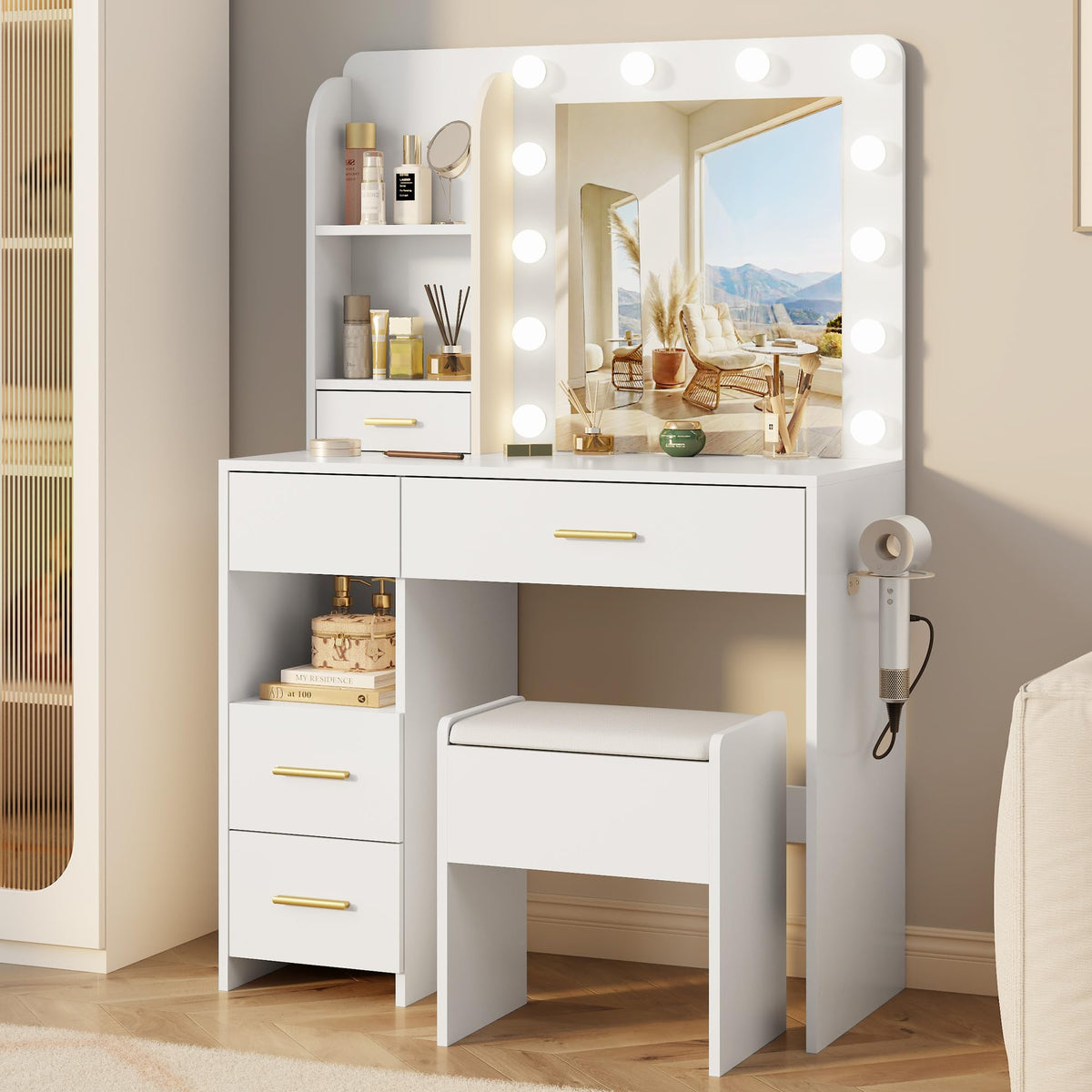 Otterease 35" Makeup Vanity Desk with LED Mirror, Storage Stool, White