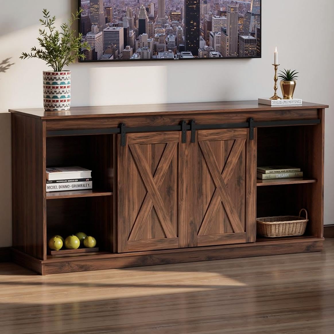 HAPPYMONT Farmhouse TV Stand for 65 Inch TV, Media Console, Espresso
