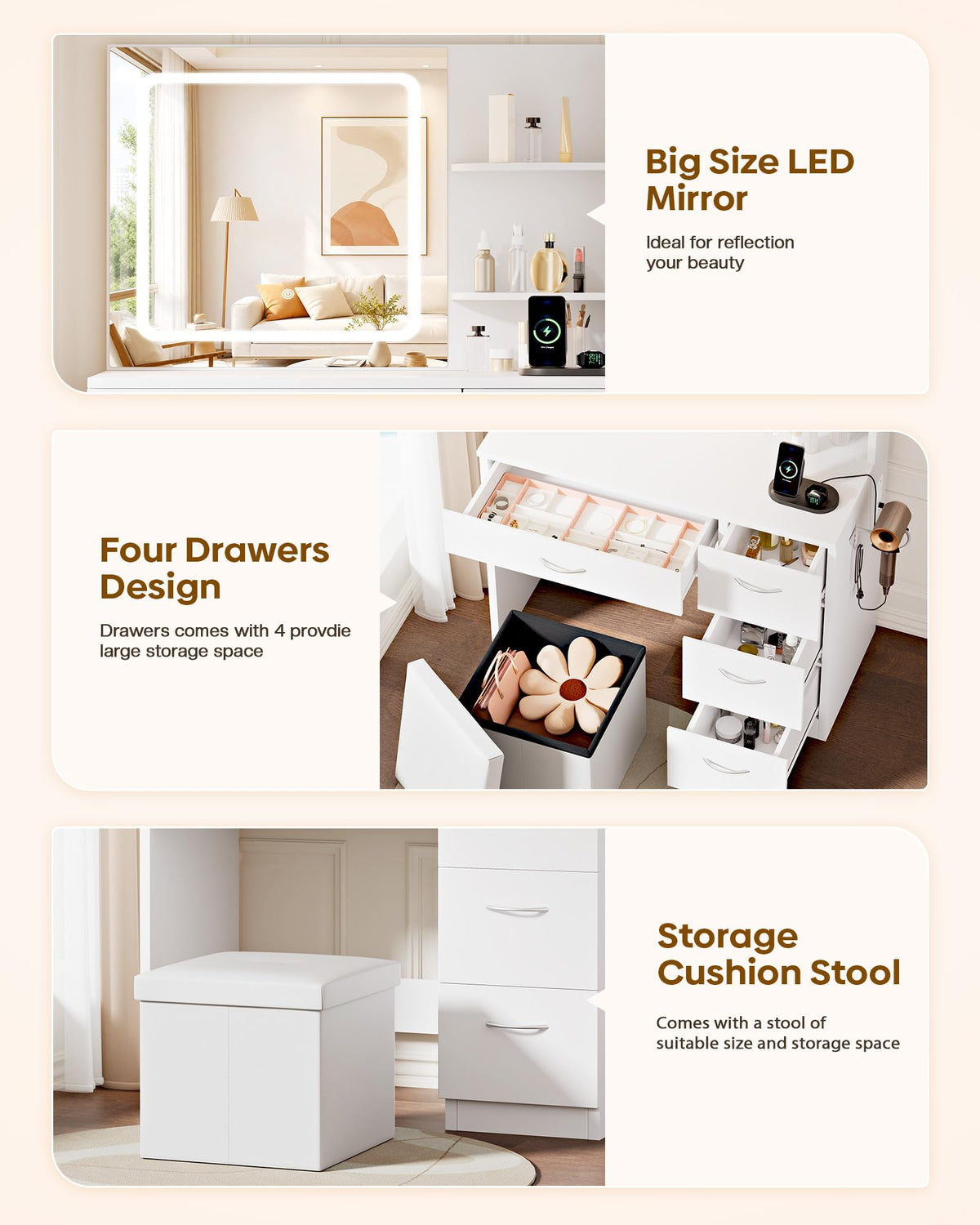 LIVELYGLOW White Makeup Vanity Desk with Charging Station & 4 Drawers