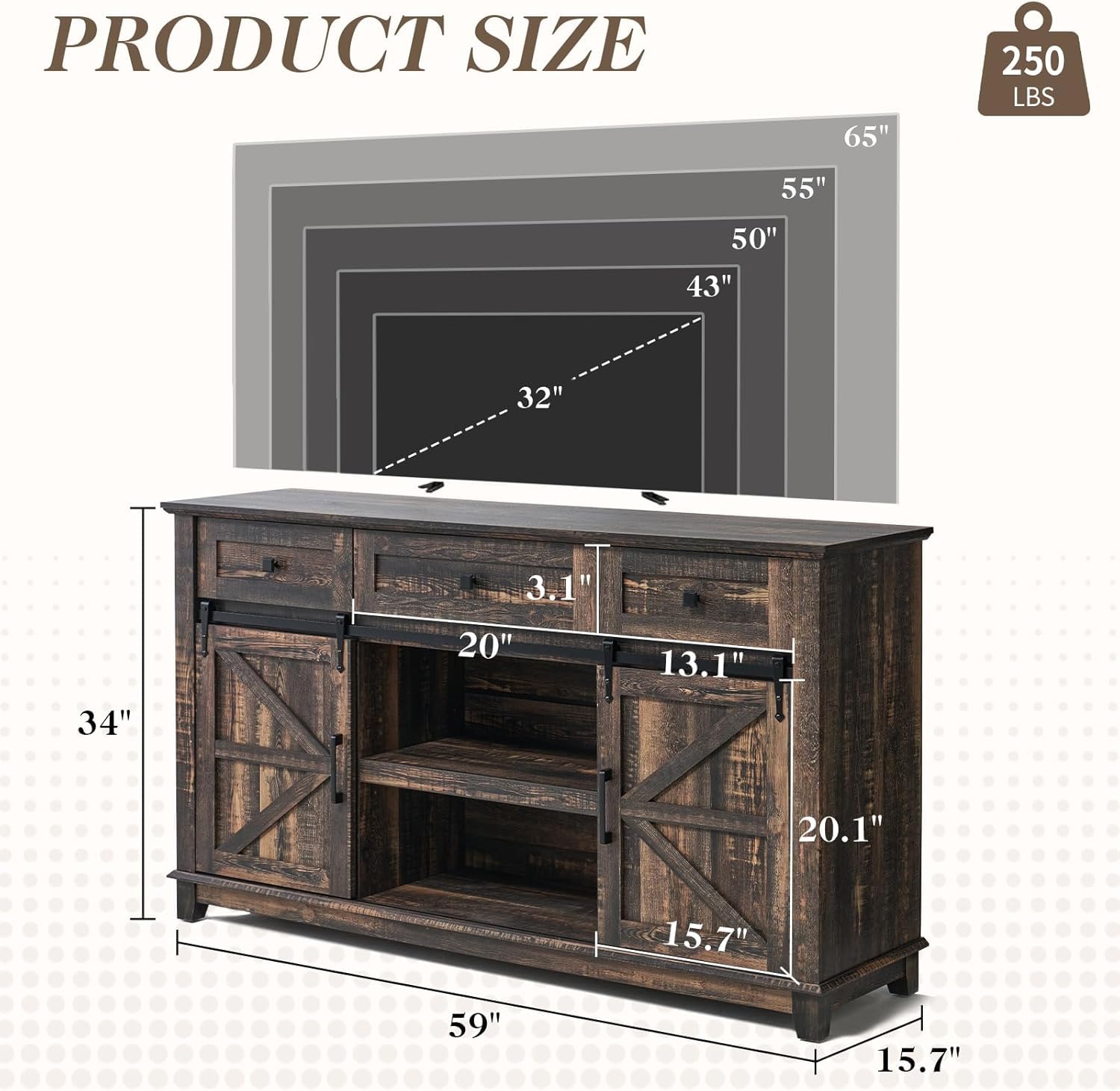 LUXOAK 4 Pieces Farmhouse Living Room Table Sets - Includes 59" Sliding Barn Door TV Stand for 65 in TV, Rustic Coffee Table with Storage, End Tables Set of 2 with Charging Station, Dark Rustic Oak