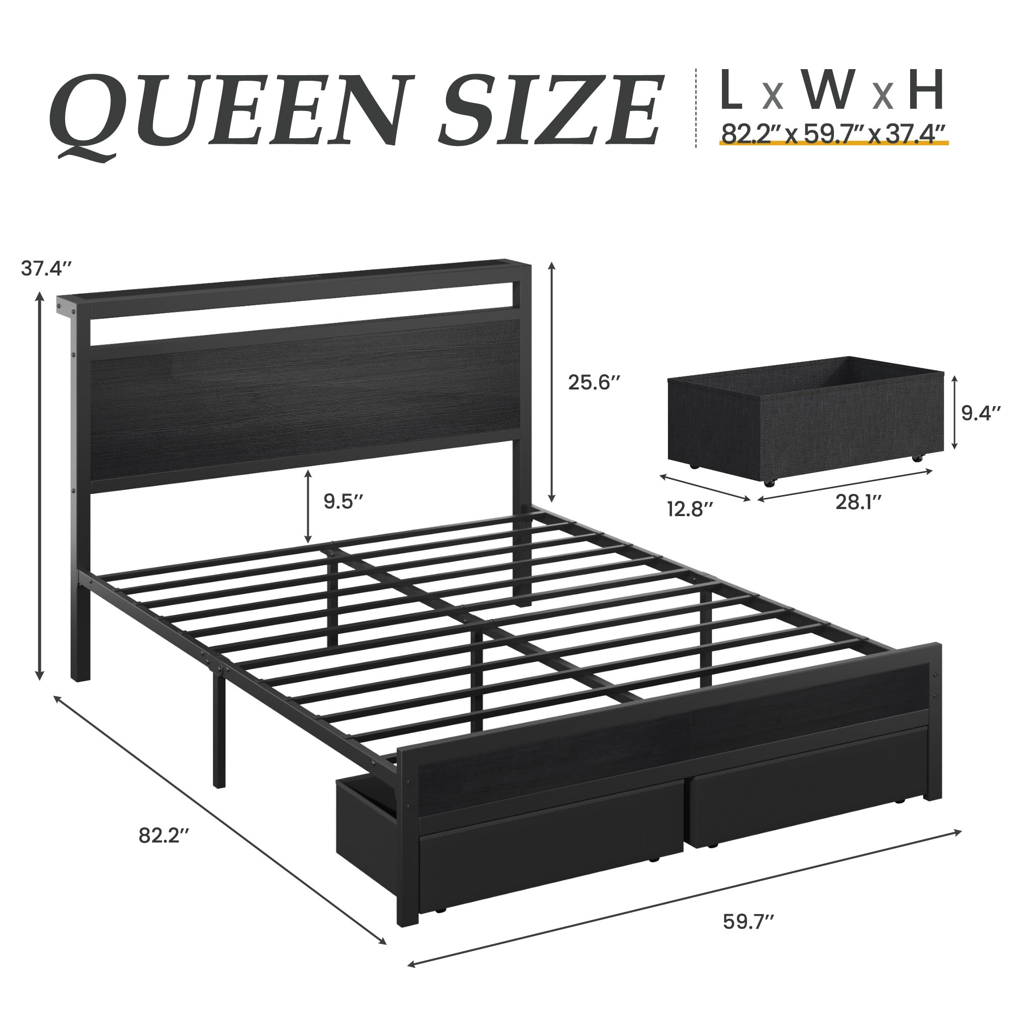 Queen Bed Frame with Storage Headboard & LED Lights