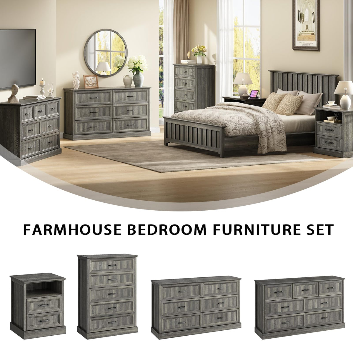 Gray Farmhouse Dresser & Nightstand Set