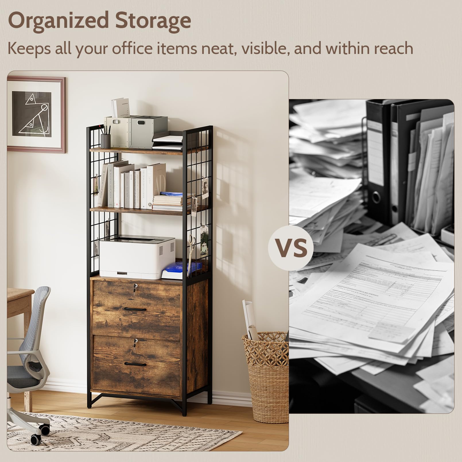 File Cabinet with Locking Drawers, Printer Stand & Open Shelves